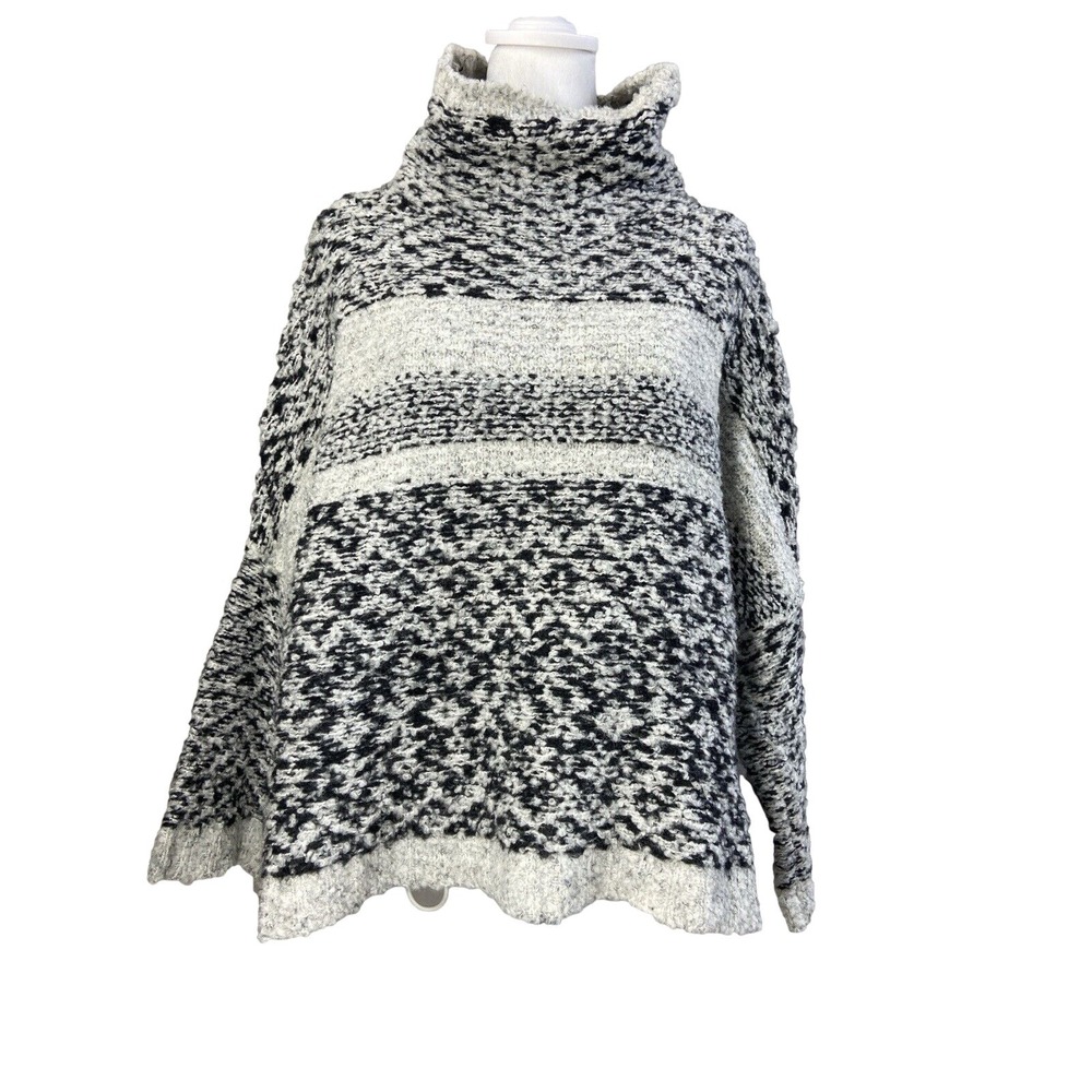 Moth Womens S Gray Black Chunky Knit Turtleneck Dolman Oversized Striped Sweater